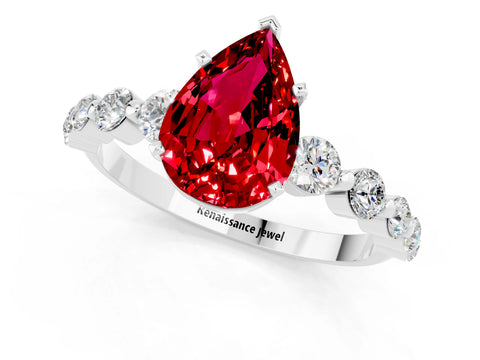 White gold Pear Cut Solitaire Ruby Ring with Pave Band and Four-Prong Setting_1