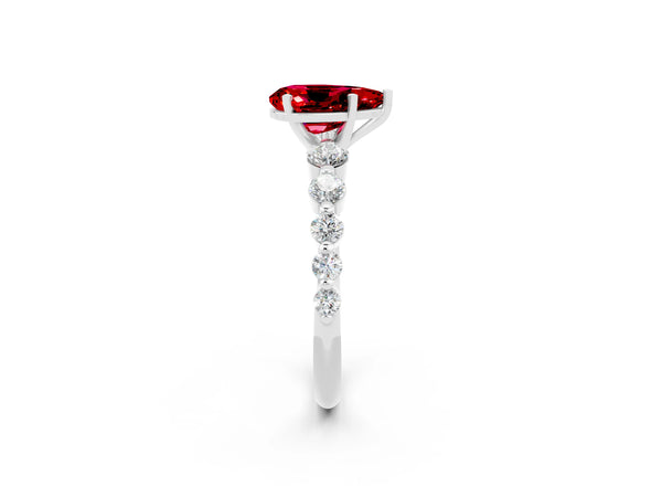 Platinum Pear Cut Solitaire Ruby Ring with Pave Band and Four-Prong Setting