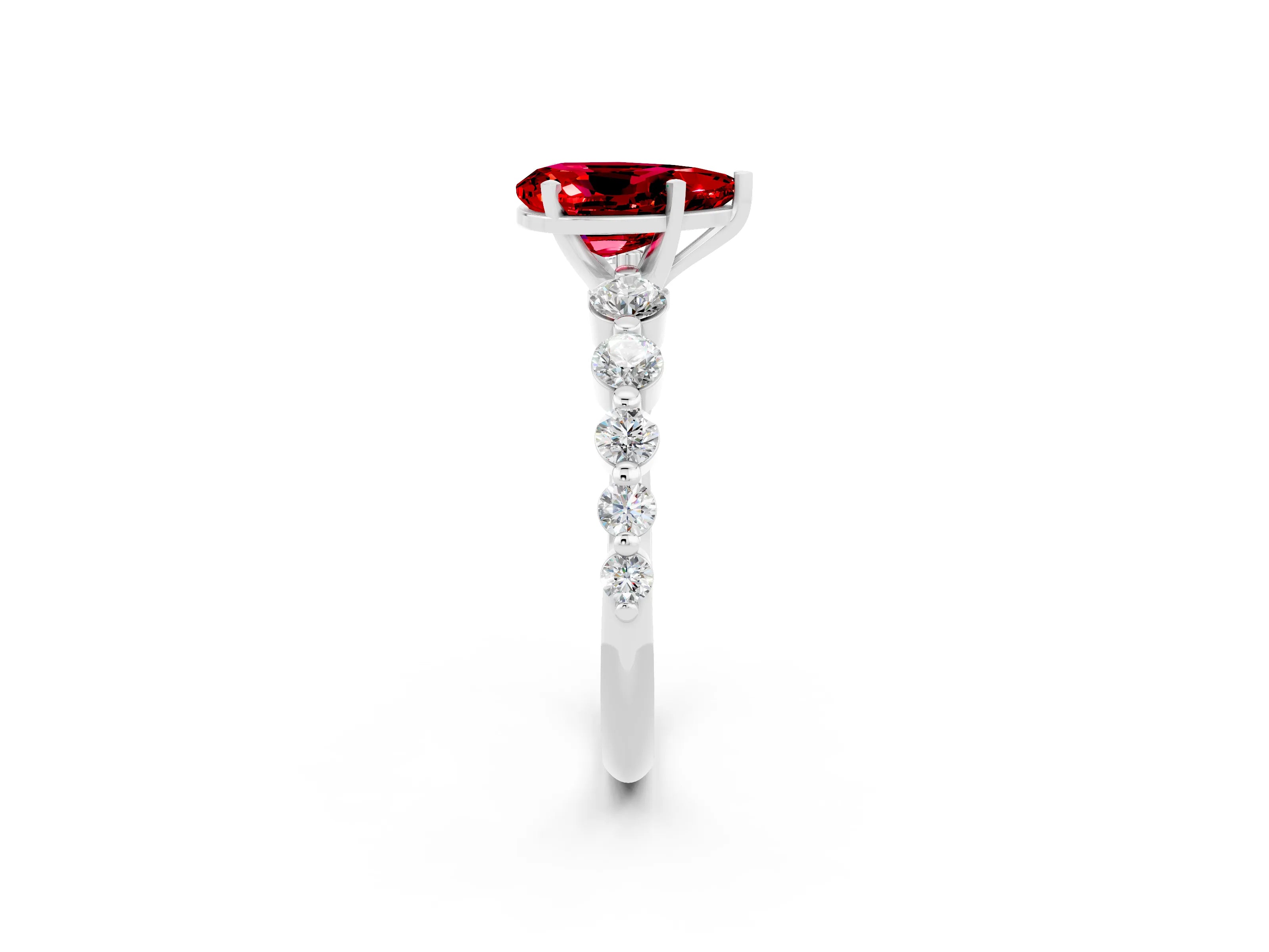 White gold Pear Cut Solitaire Ruby Ring with Pave Band and Four-Prong Setting_2