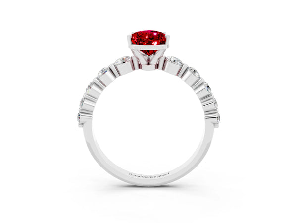 Platinum Pear Cut Solitaire Ruby Ring with Pave Band and Four-Prong Setting