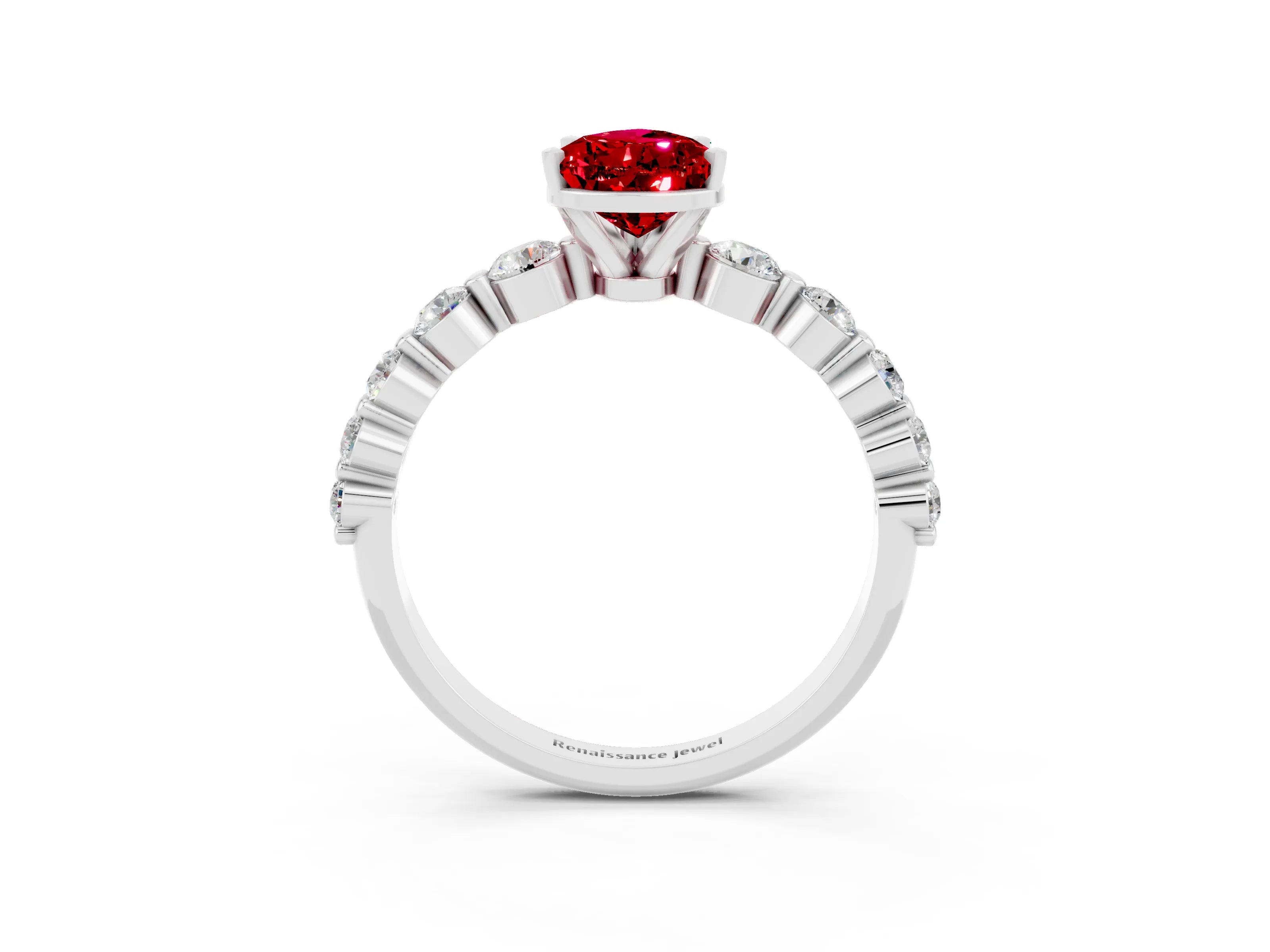 White gold Pear Cut Solitaire Ruby Ring with Pave Band and Four-Prong Setting_3