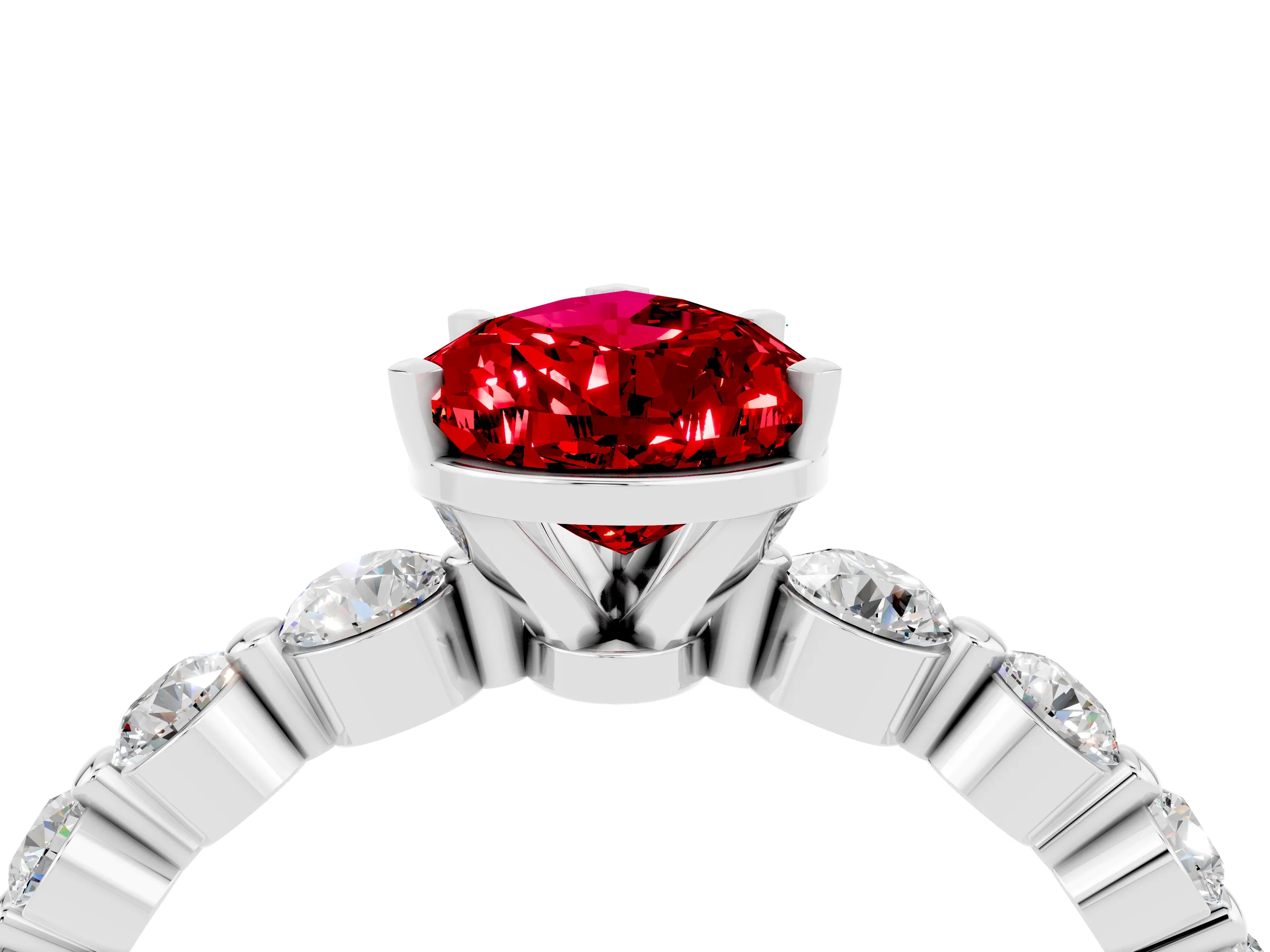White gold Pear Cut Solitaire Ruby Ring with Pave Band and Four-Prong Setting_4