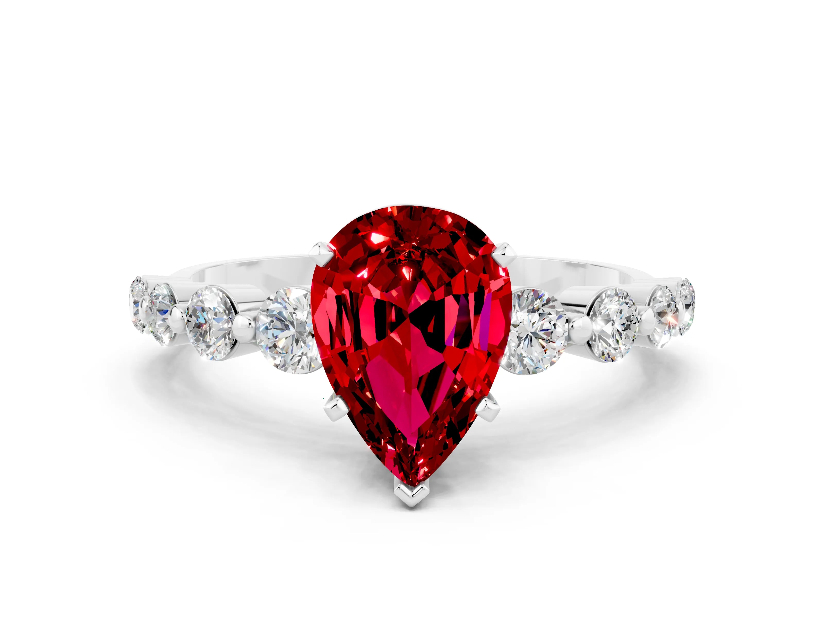 White gold Pear Cut Solitaire Ruby Ring with Pave Band and Four-Prong Setting