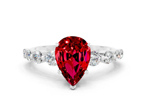 White gold Pear Cut Solitaire Ruby Ring with Pave Band and Four-Prong Setting