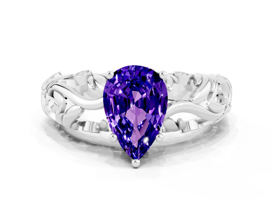 White gold Pear Cut Solitaire Tanzanite Leaf-Inspired Vine Band Ring with Prong Setting