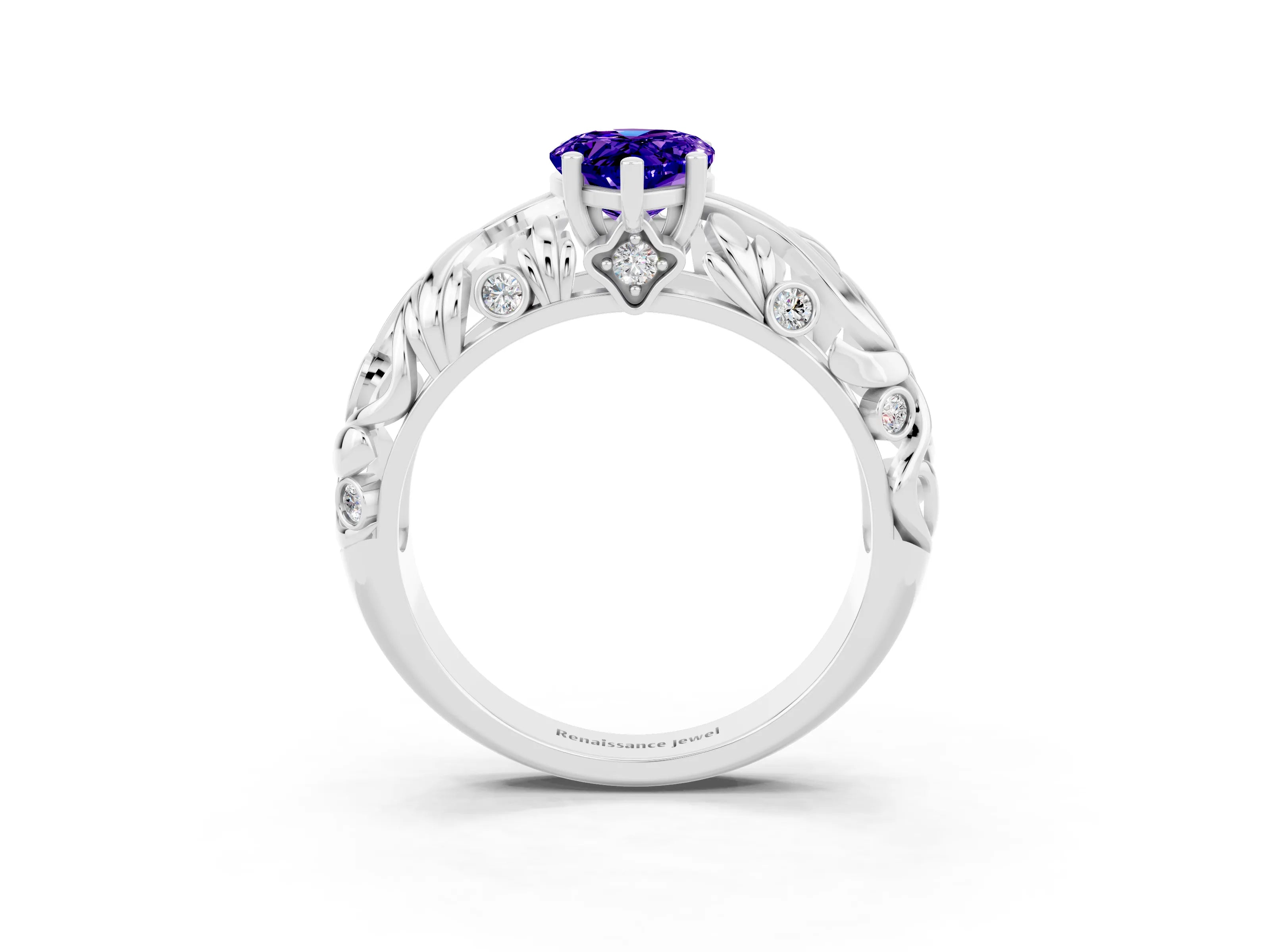 White gold Pear Cut Solitaire Tanzanite Leaf-Inspired Vine Band Ring with Prong Setting_3