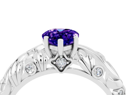 White gold Pear Cut Solitaire Tanzanite Leaf-Inspired Vine Band Ring with Prong Setting_4