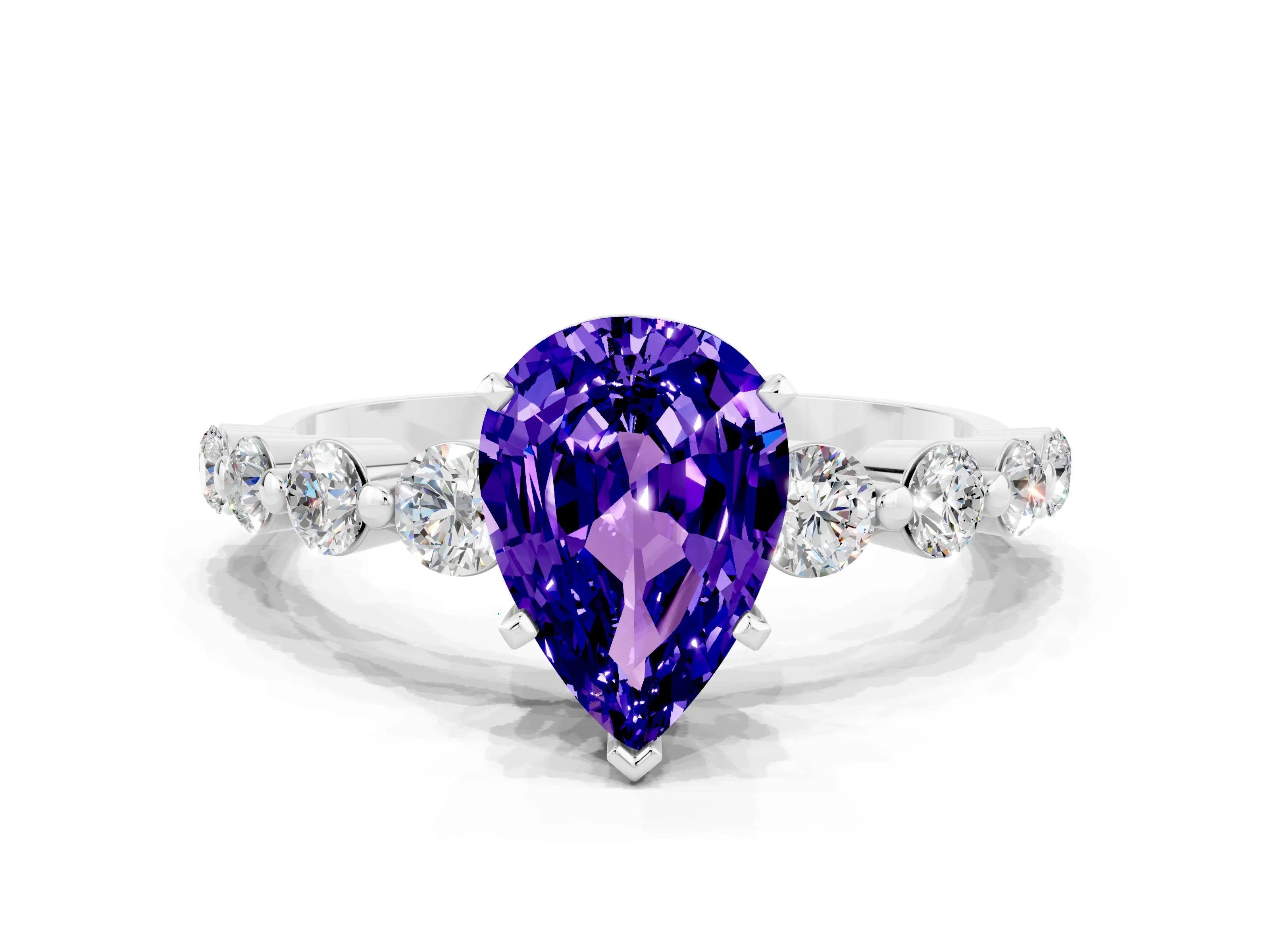 White gold Pear Cut Solitaire Tanzanite Ring with Pave Band and Four-Prong Setting