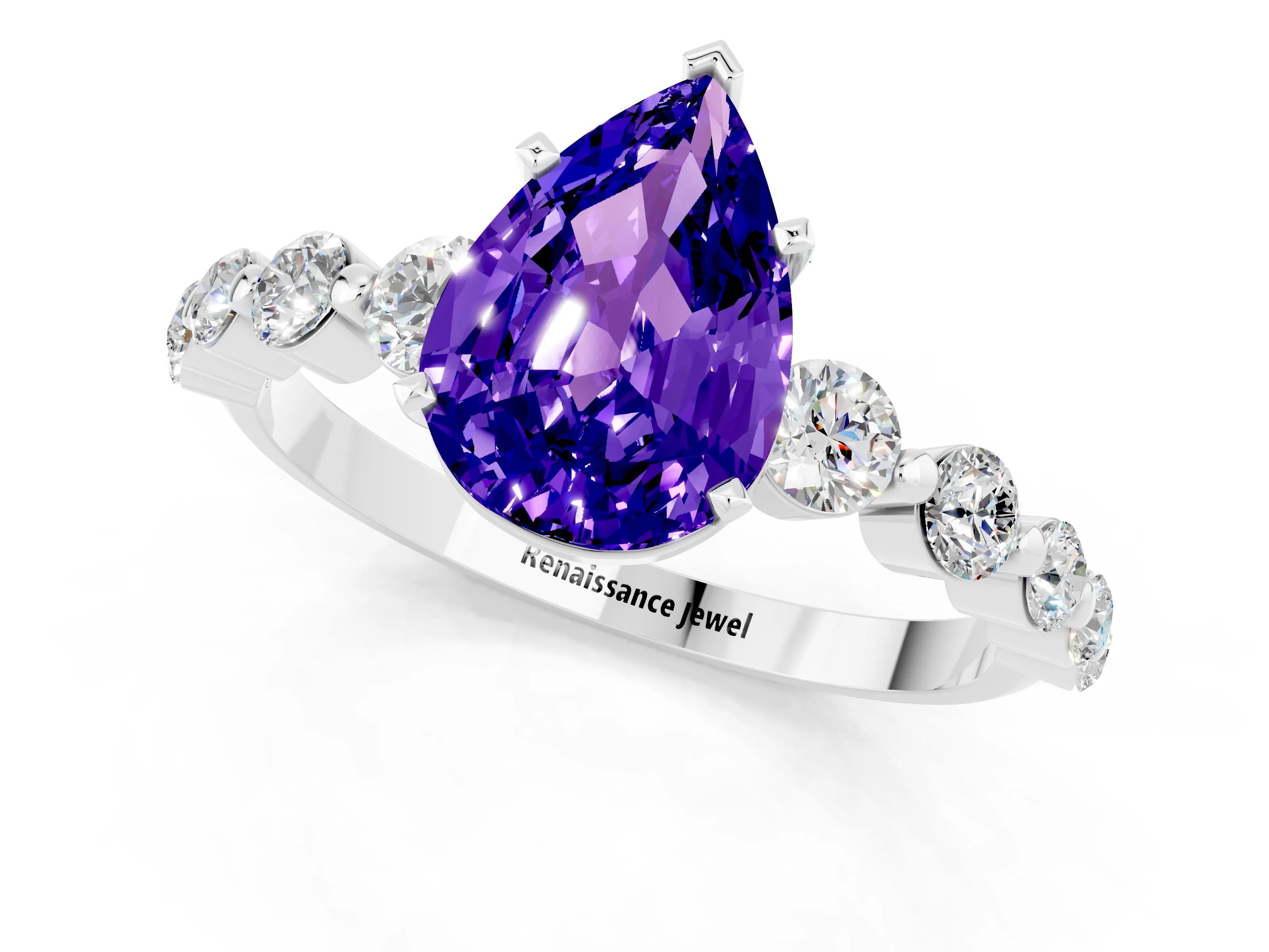 White gold Pear Cut Solitaire Tanzanite Ring with Pave Band and Four-Prong Setting_1