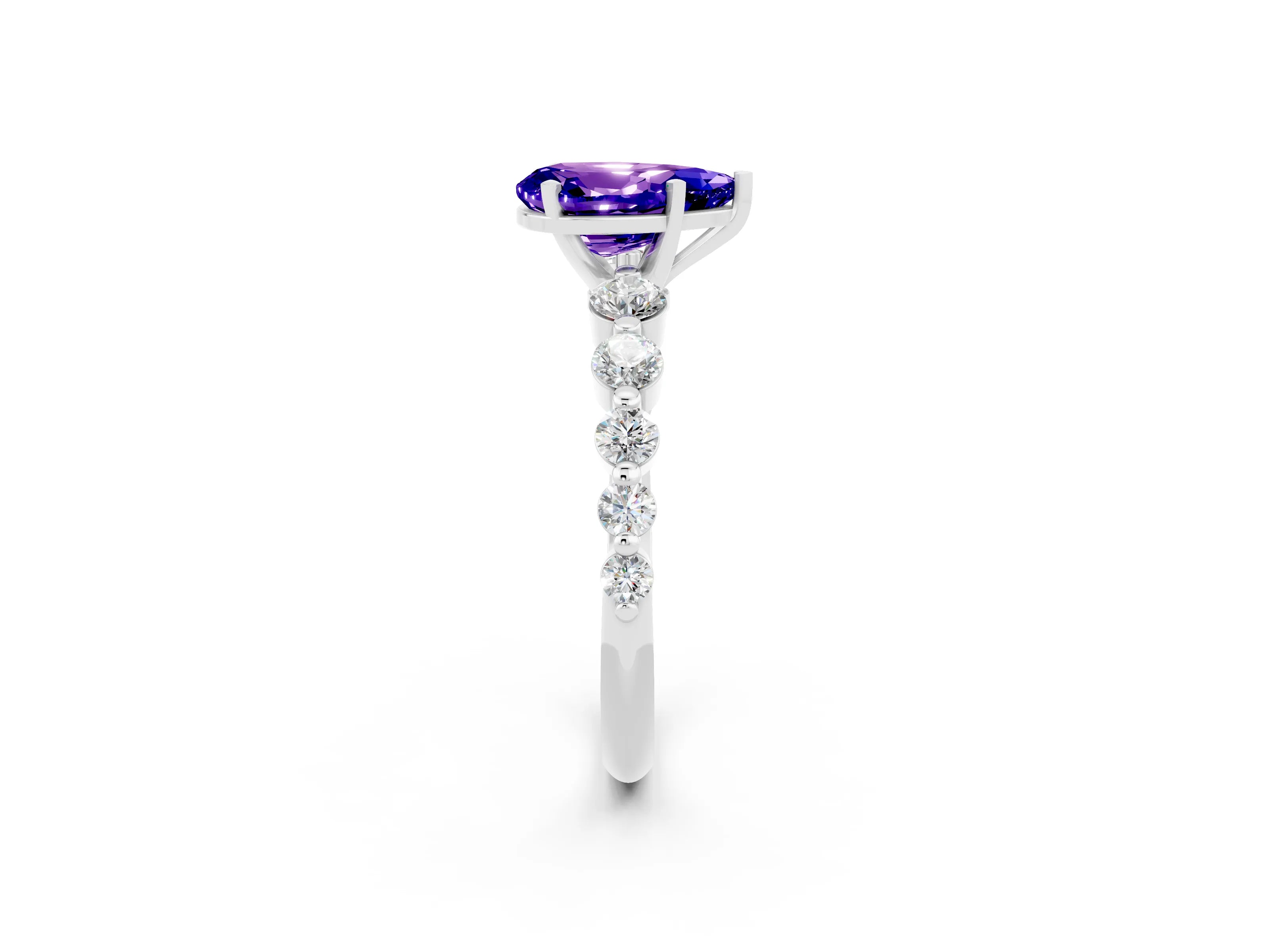 White gold Pear Cut Solitaire Tanzanite Ring with Pave Band and Four-Prong Setting_2