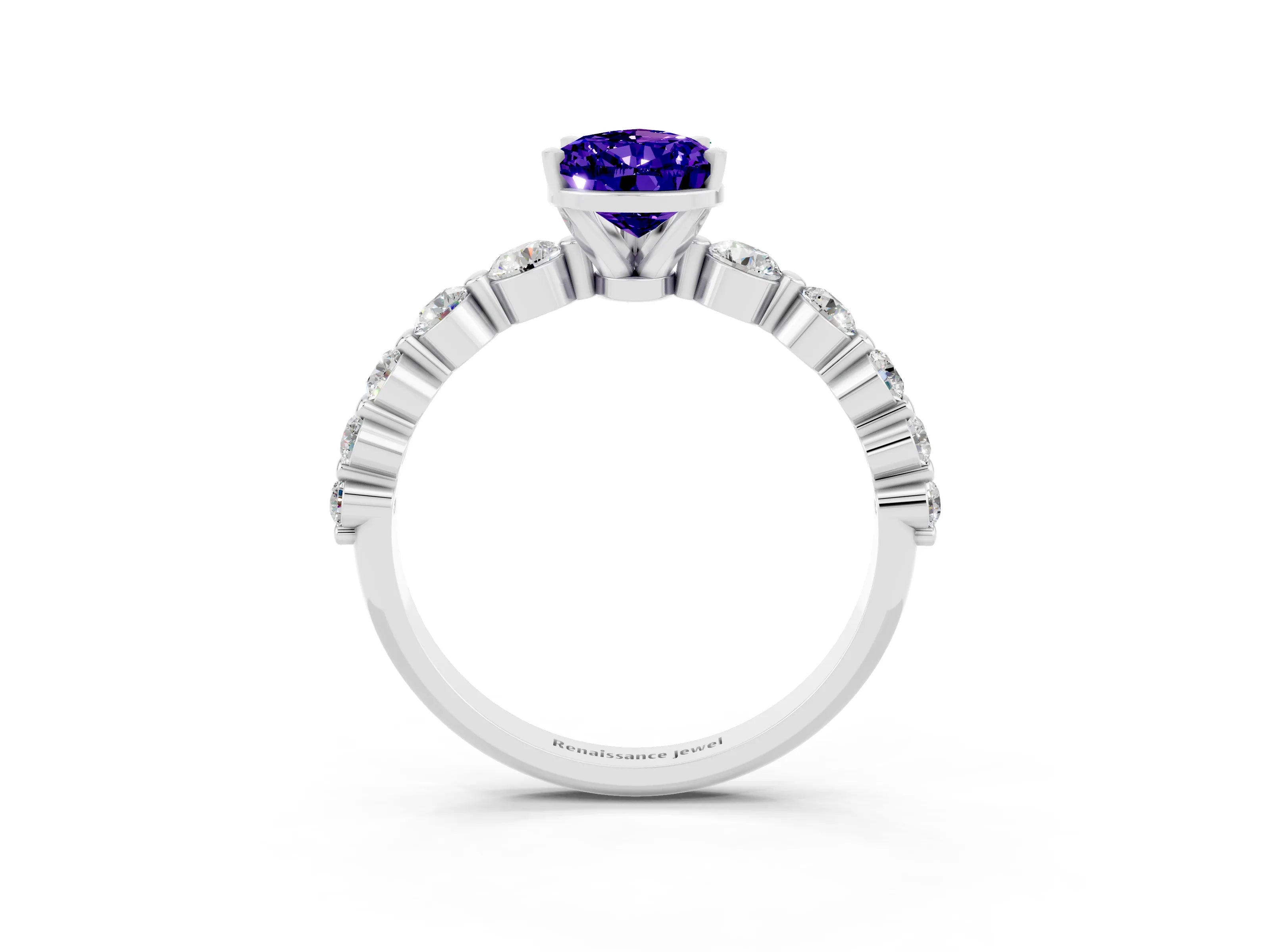 White gold Pear Cut Solitaire Tanzanite Ring with Pave Band and Four-Prong Setting_3