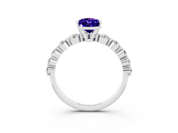 Silver Pear Cut Solitaire Tanzanite Ring with Pave Band and Four-Prong Setting