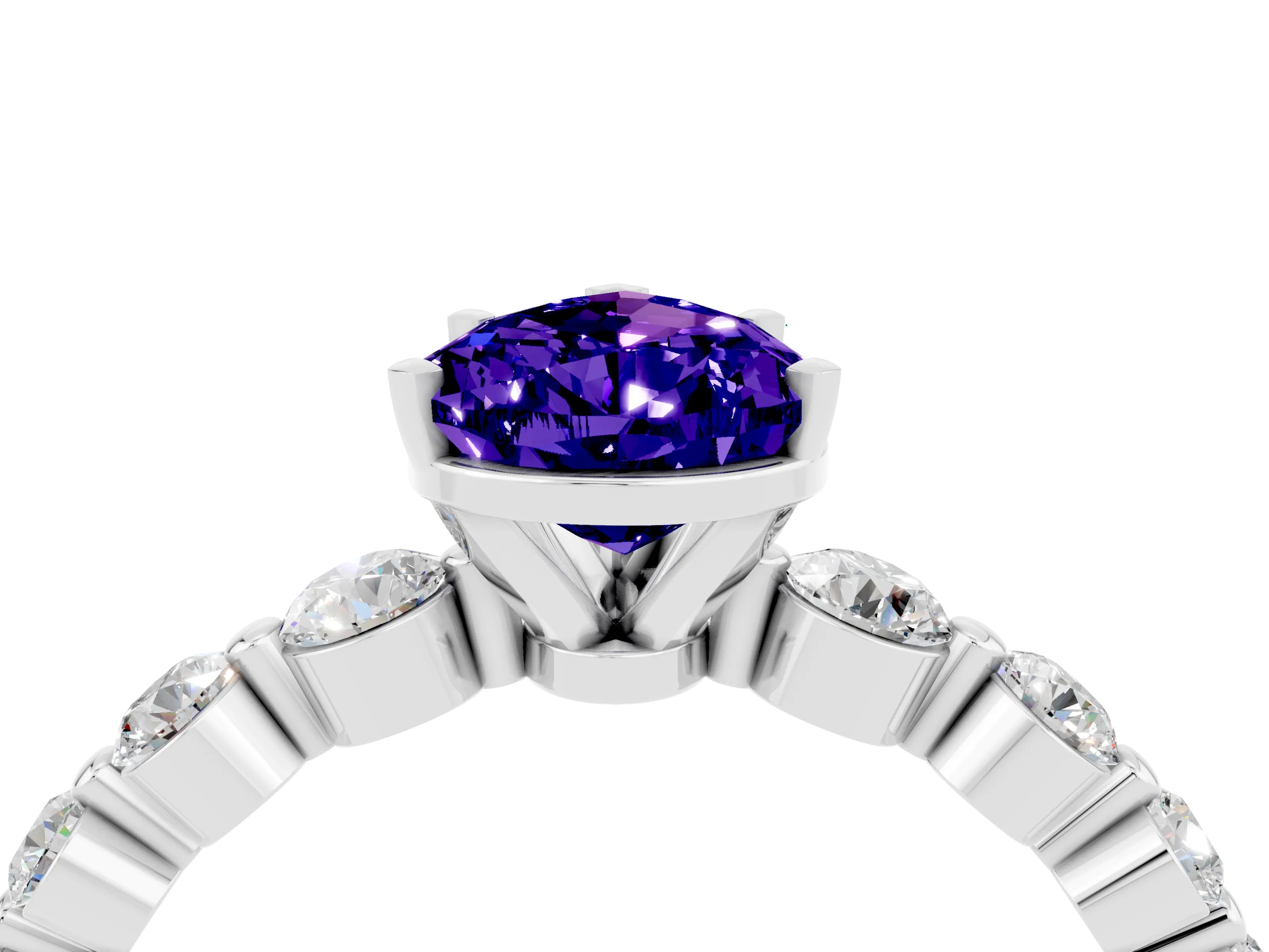 White gold Pear Cut Solitaire Tanzanite Ring with Pave Band and Four-Prong Setting_4