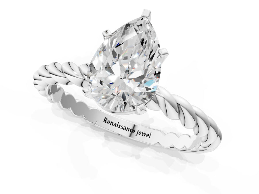White gold Pear Cut Solitaire Twisted Band with Four-Prong Setting