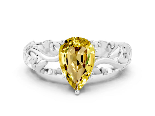 Platinum Pear Cut Solitaire Yellow Sapphire Leaf-Inspired Vine Band Ring with Prong Setting