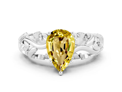 White gold Pear Cut Solitaire Yellow Sapphire Leaf-Inspired Vine Band Ring with Prong Setting_24