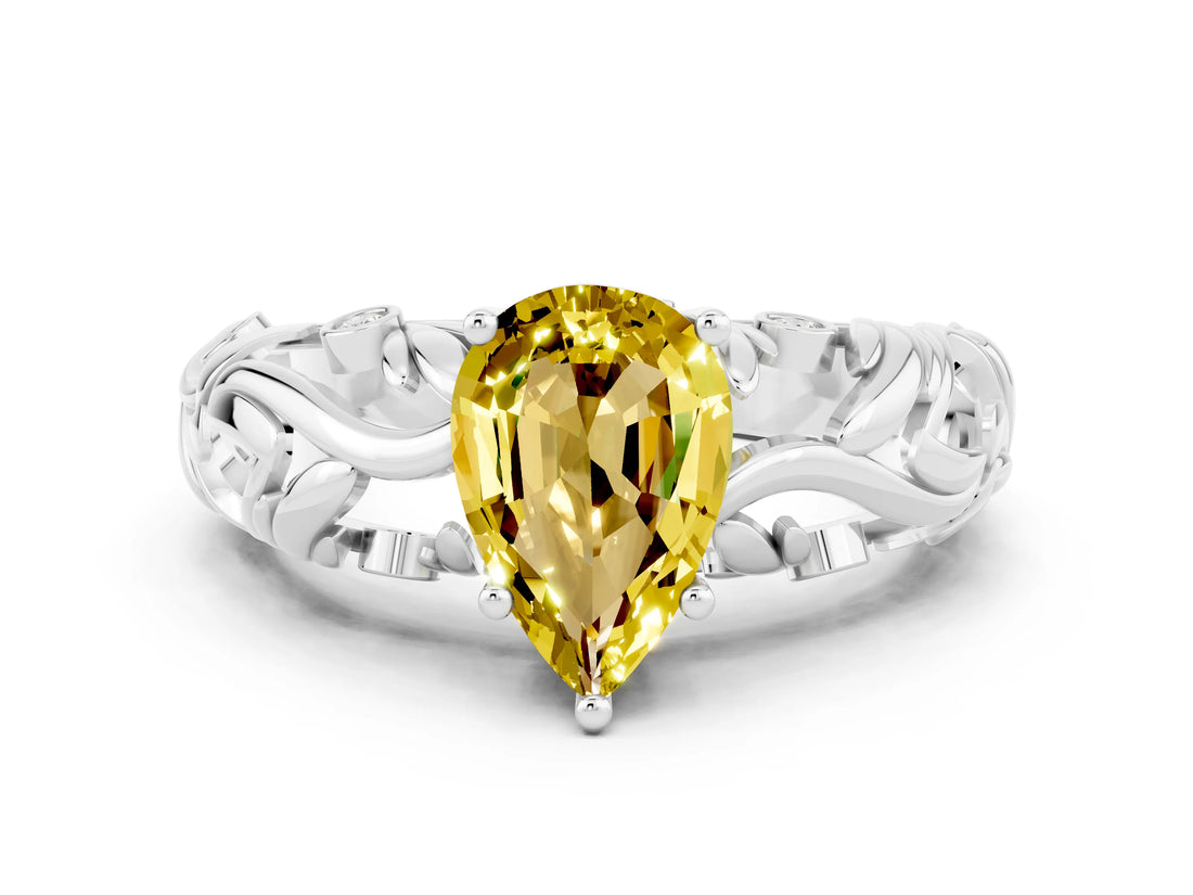 White gold Pear Cut Solitaire Yellow Sapphire Leaf-Inspired Vine Band Ring with Prong Setting_24