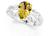 White gold Pear Cut Solitaire Yellow Sapphire Leaf-Inspired Vine Band Ring with Prong Setting_25