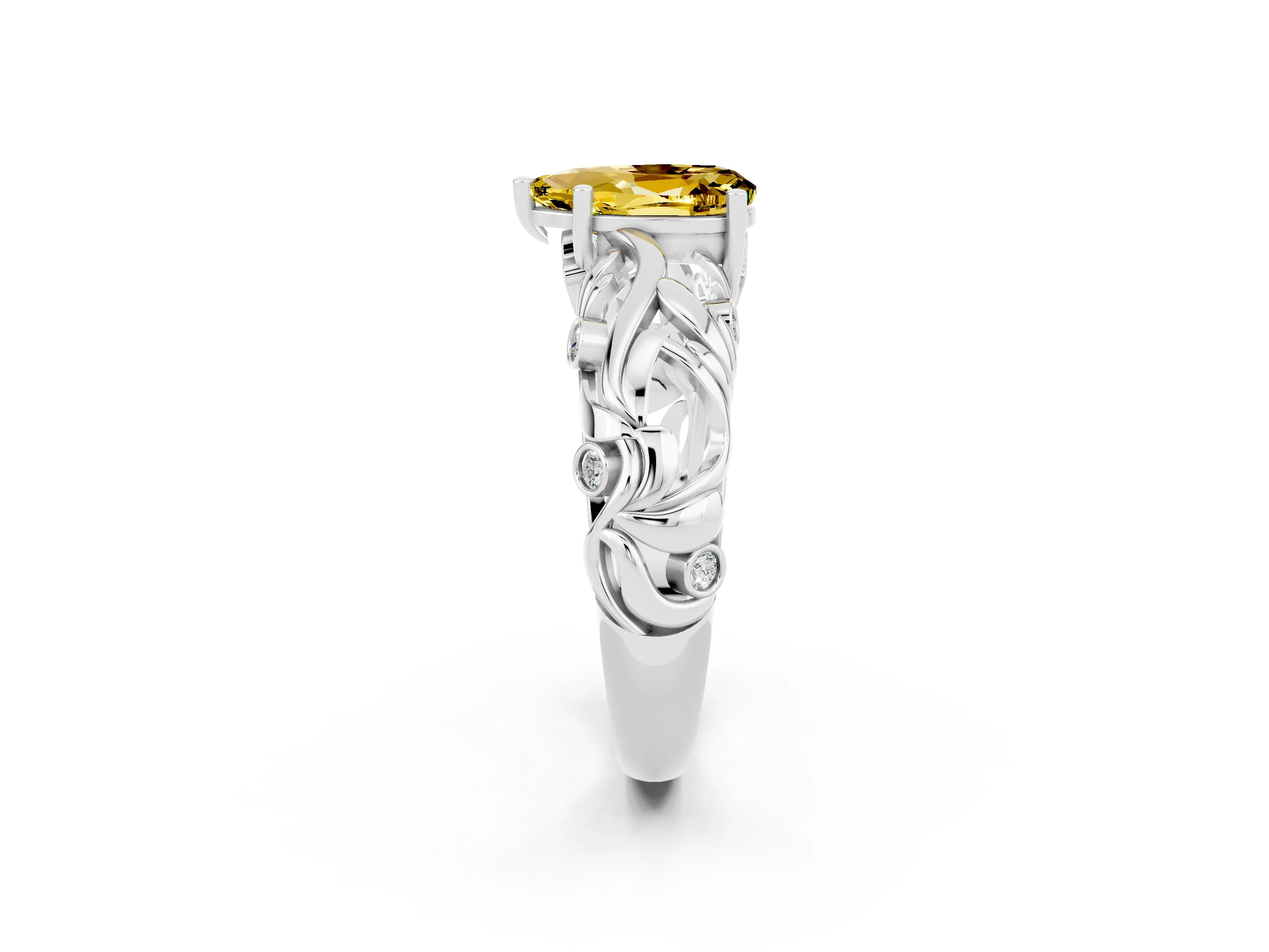 White gold Pear Cut Solitaire Yellow Sapphire Leaf-Inspired Vine Band Ring with Prong Setting_26