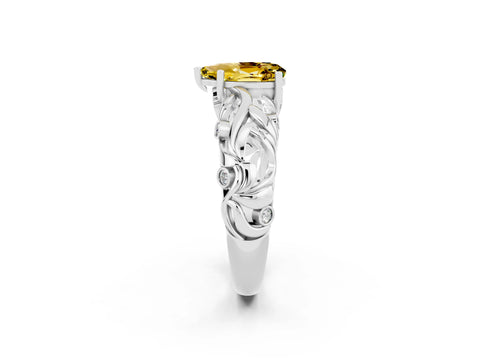 White gold Pear Cut Solitaire Yellow Sapphire Leaf-Inspired Vine Band Ring with Prong Setting_26