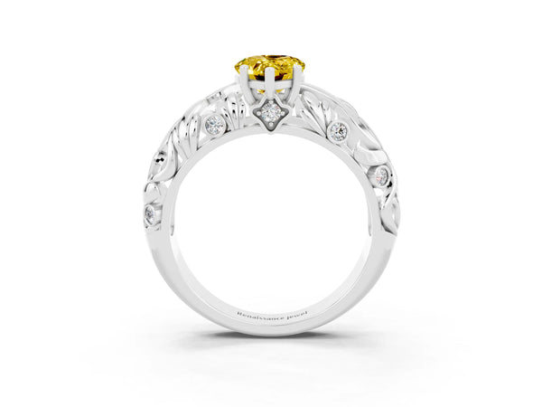 White gold Pear Cut Solitaire Yellow Sapphire Leaf-Inspired Vine Band Ring with Prong Setting
