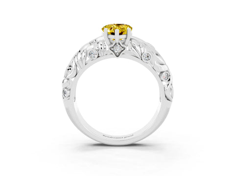 White gold Pear Cut Solitaire Yellow Sapphire Leaf-Inspired Vine Band Ring with Prong Setting_27