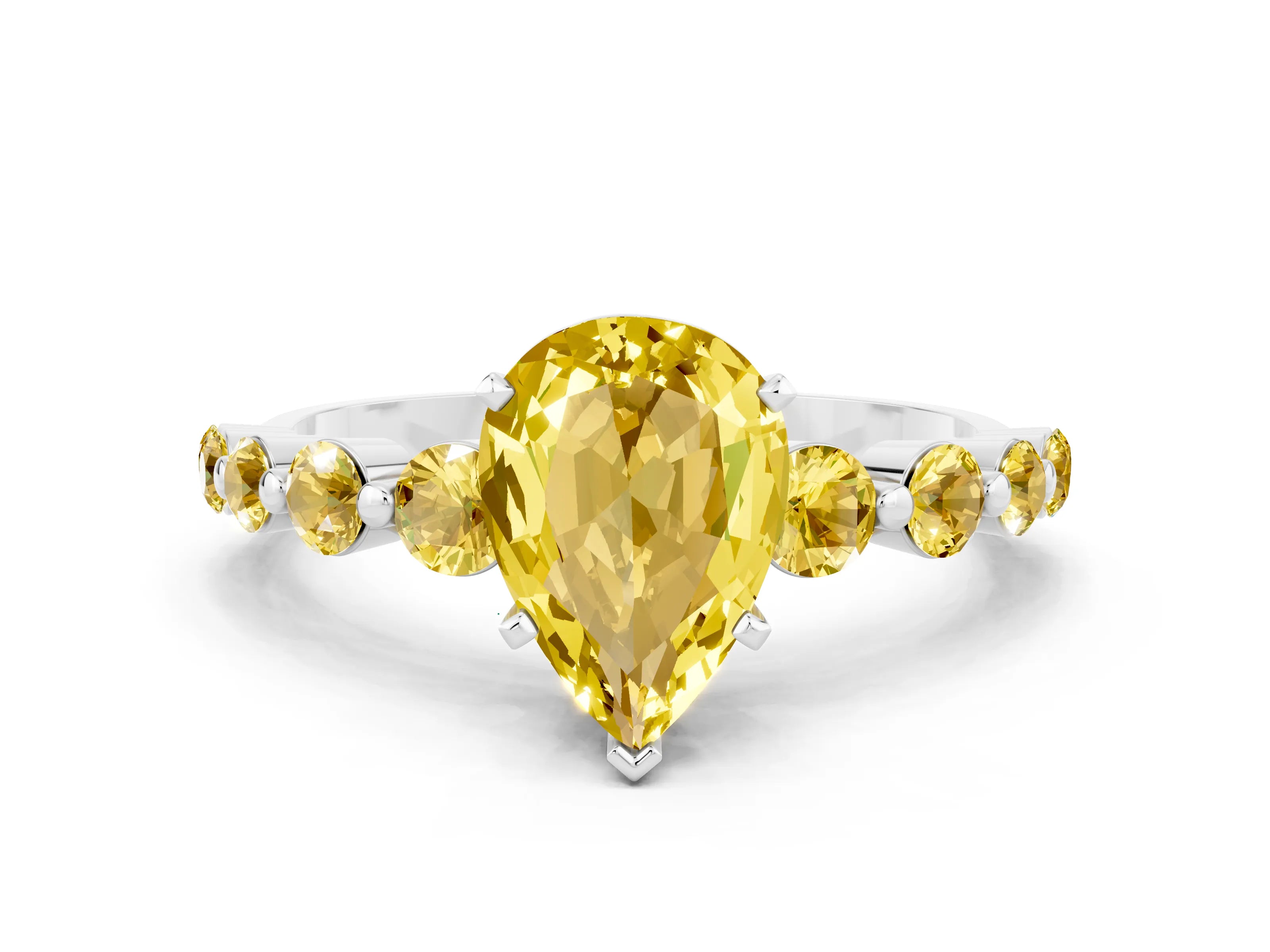 White gold Pear Cut Solitaire Yellow Sapphire Ring with Pave Band and Four-Prong Setting