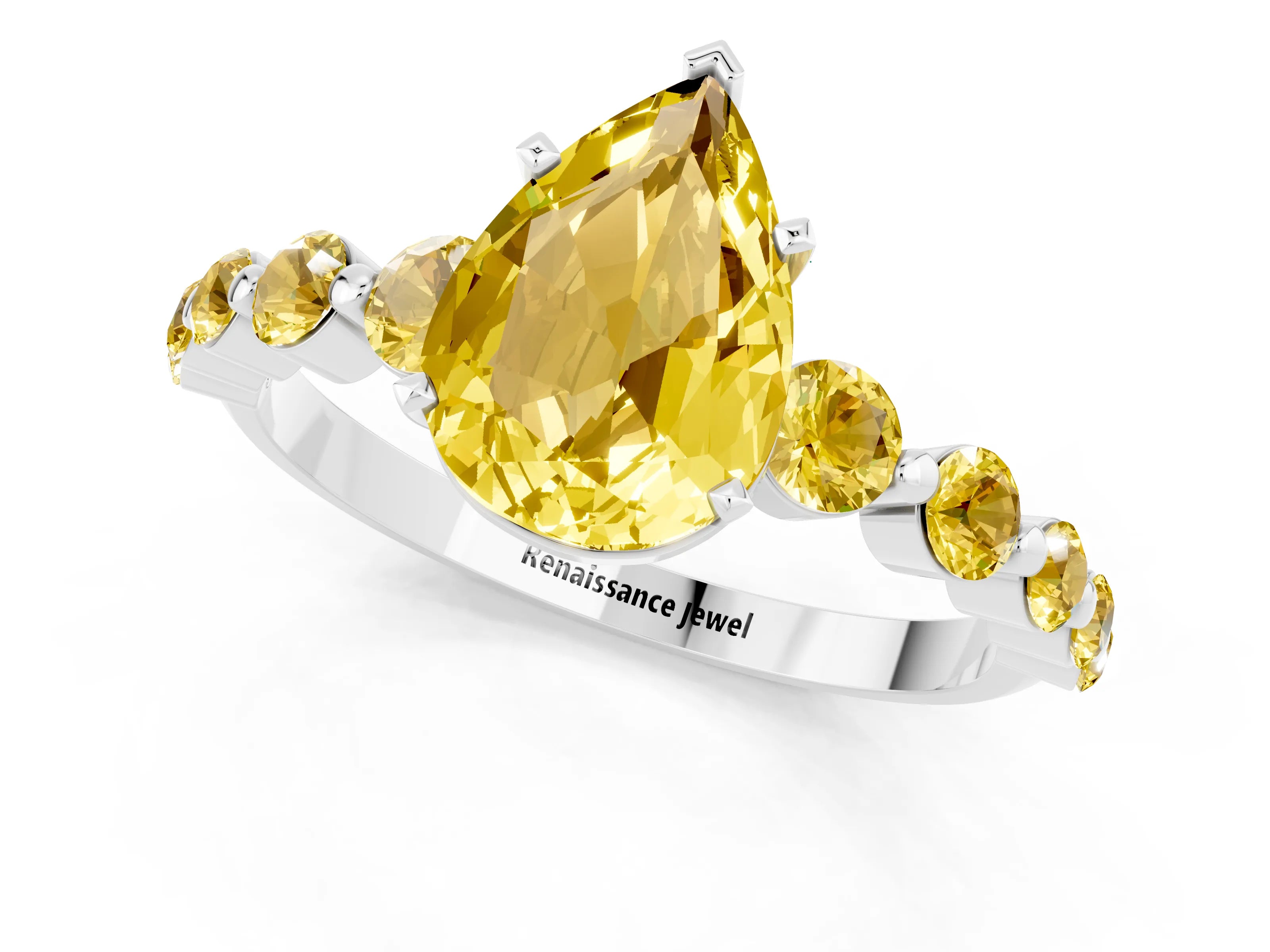 White gold Pear Cut Solitaire Yellow Sapphire Ring with Pave Band and Four-Prong Setting_1