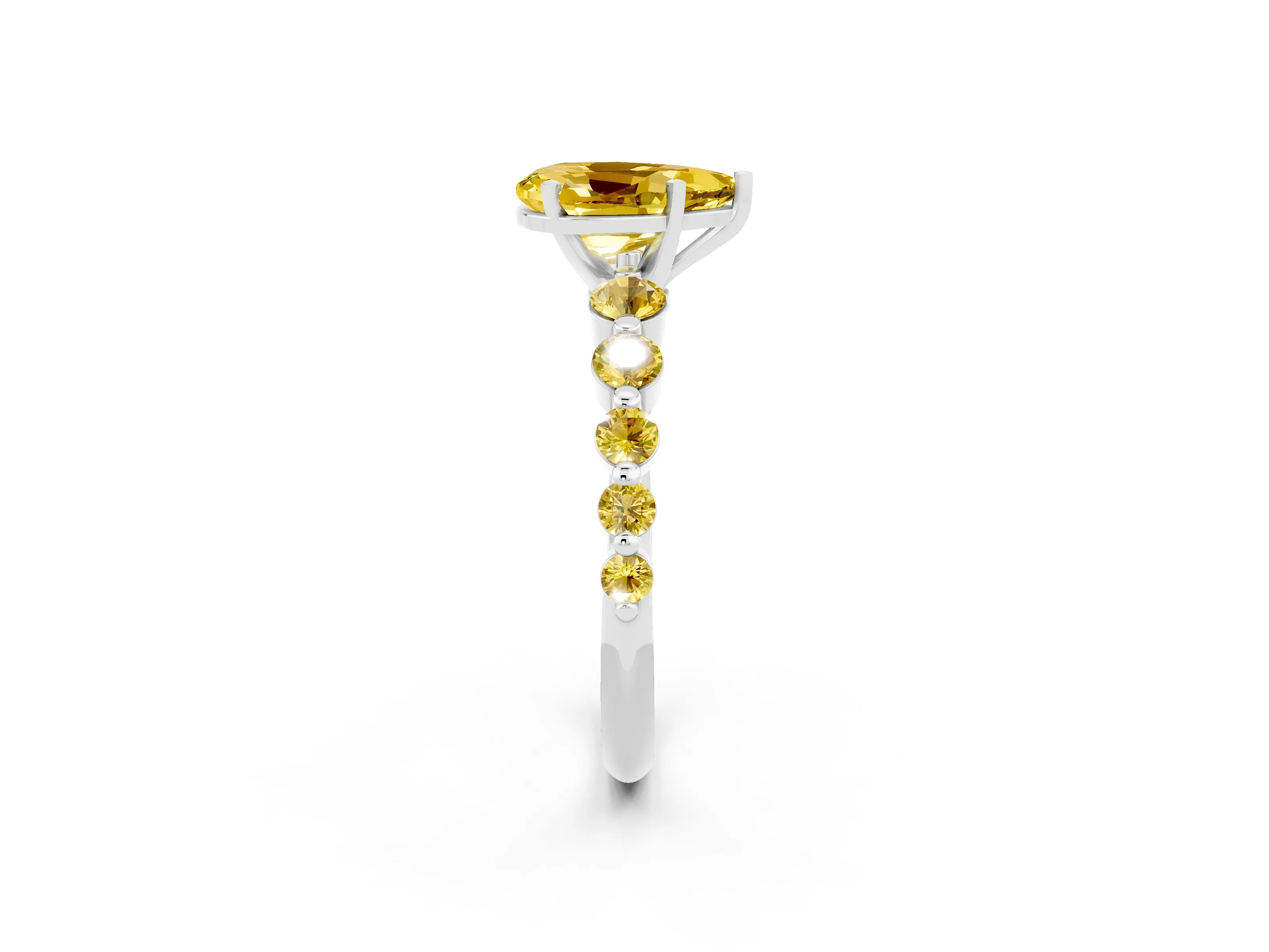 White gold Pear Cut Solitaire Yellow Sapphire Ring with Pave Band and Four-Prong Setting_2