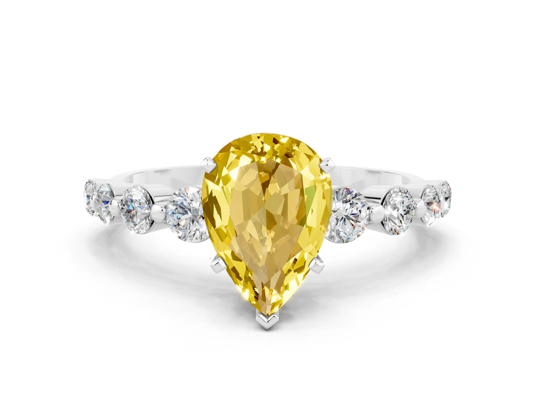 White gold Pear Cut Solitaire Yellow Sapphire Ring with Pave Band and Four-Prong Setting_24