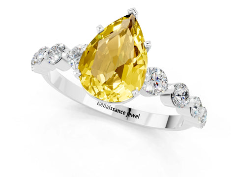 White gold Pear Cut Solitaire Yellow Sapphire Ring with Pave Band and Four-Prong Setting_25