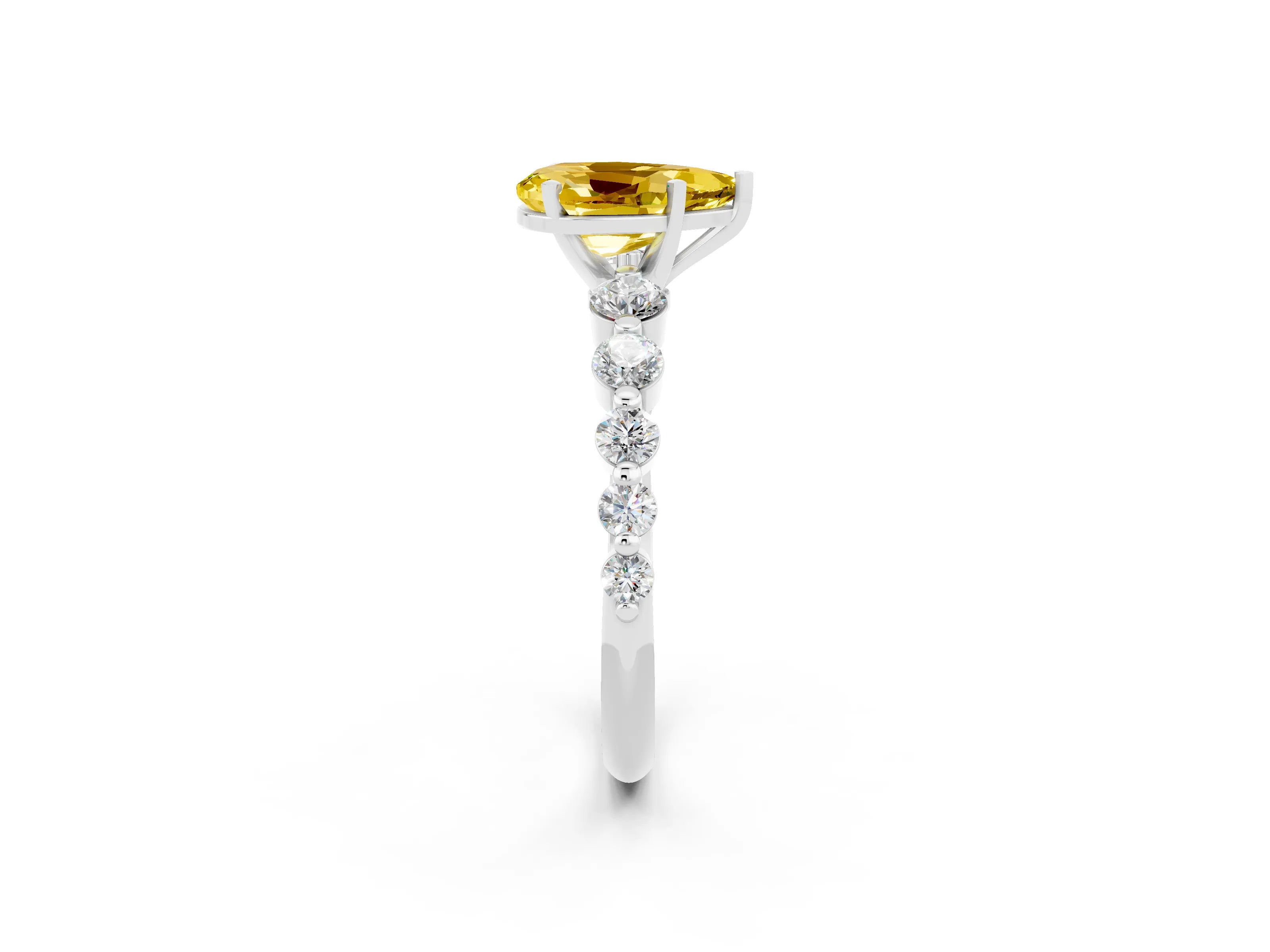 White gold Pear Cut Solitaire Yellow Sapphire Ring with Pave Band and Four-Prong Setting_26