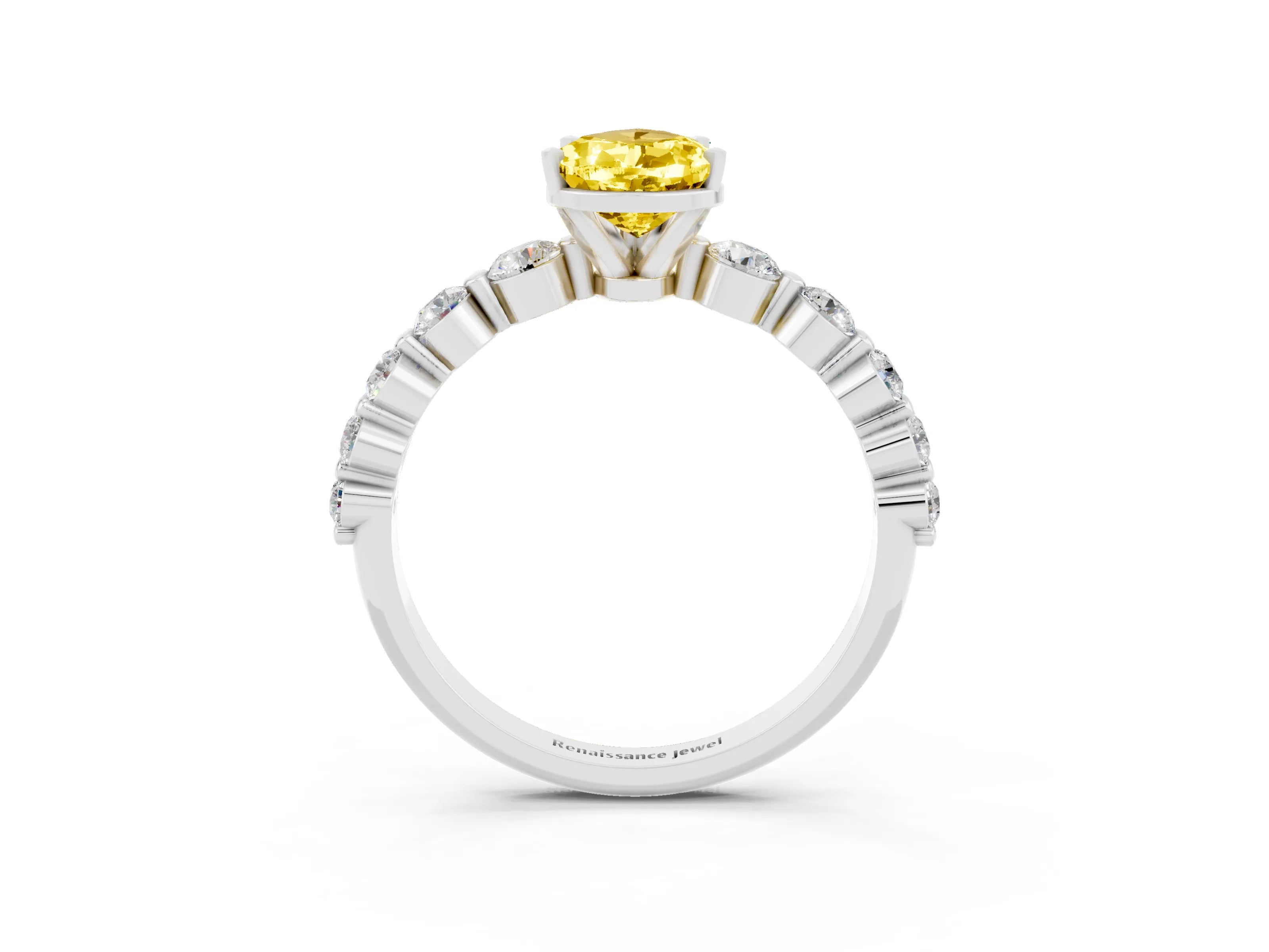 White gold Pear Cut Solitaire Yellow Sapphire Ring with Pave Band and Four-Prong Setting_27