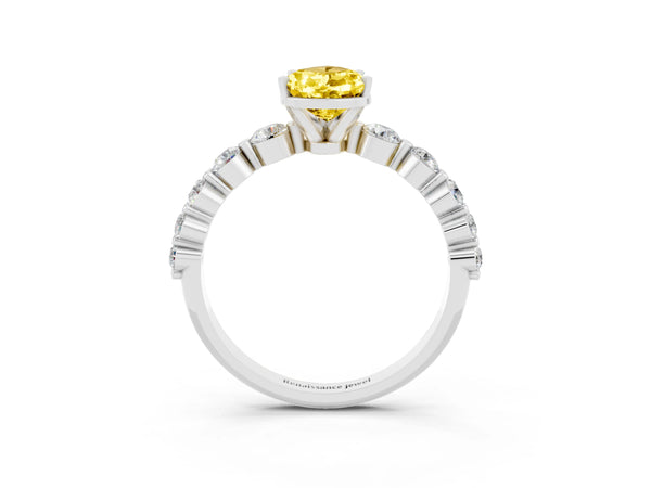 White gold Pear Cut Solitaire Yellow Sapphire Ring with Pave Band and Four-Prong Setting