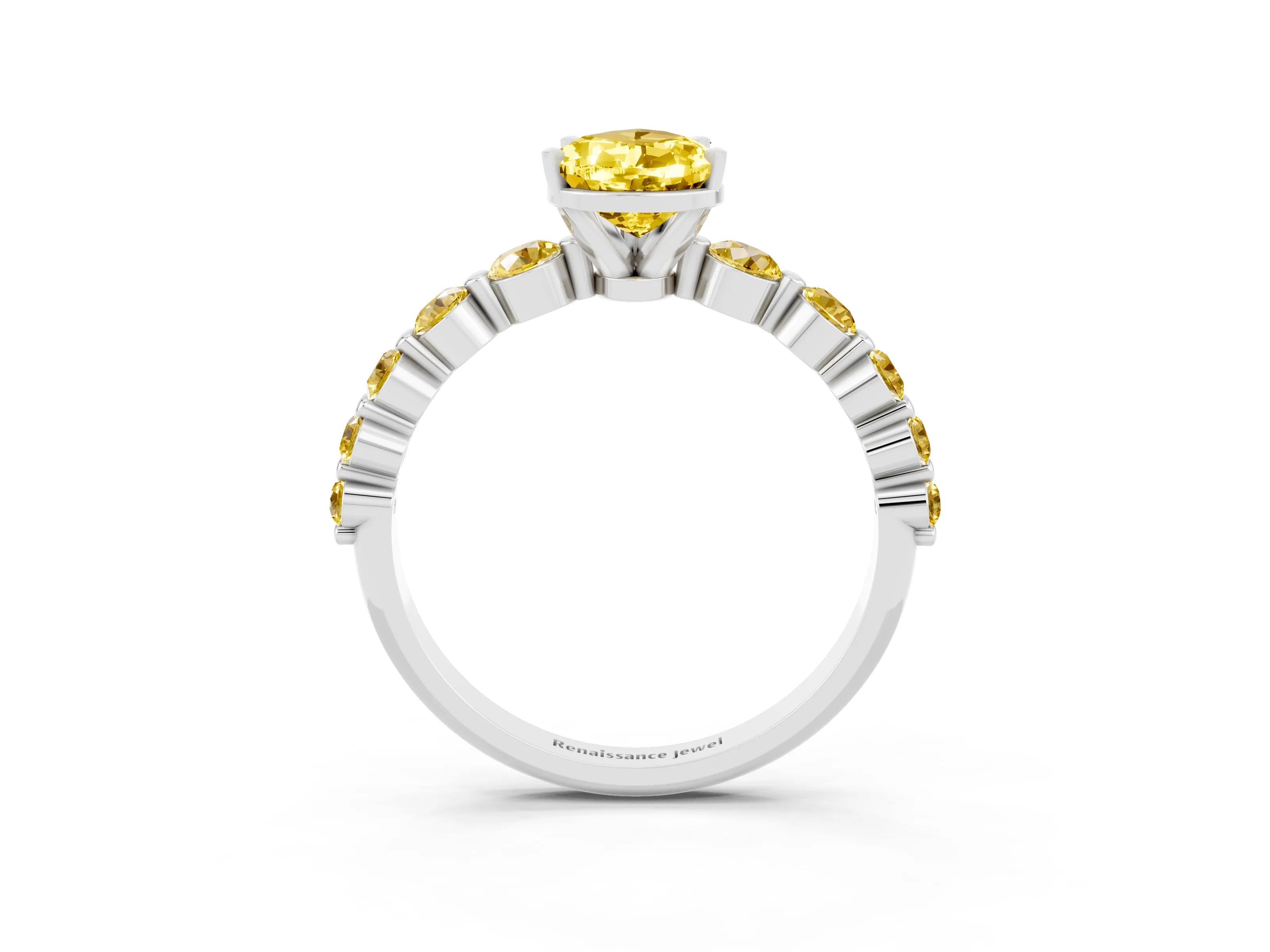White gold Pear Cut Solitaire Yellow Sapphire Ring with Pave Band and Four-Prong Setting_3