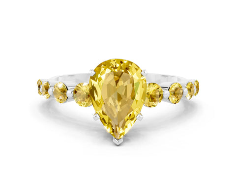White gold Pear Cut Solitaire Yellow Sapphire Ring with Pave Band and Four-Prong Setting