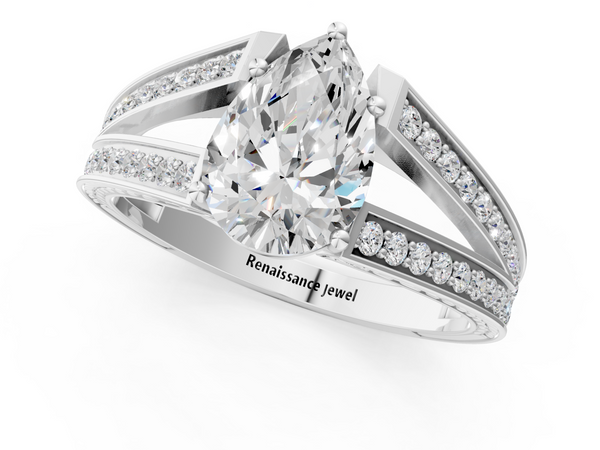 Platinum Pear-Shaped Split Shank Engagement Ring Setting with Pave Band and Engraved Sides