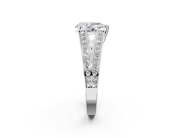 Platinum Pear-Shaped Split Shank Engagement Ring Setting with Pave Band and Engraved Sides