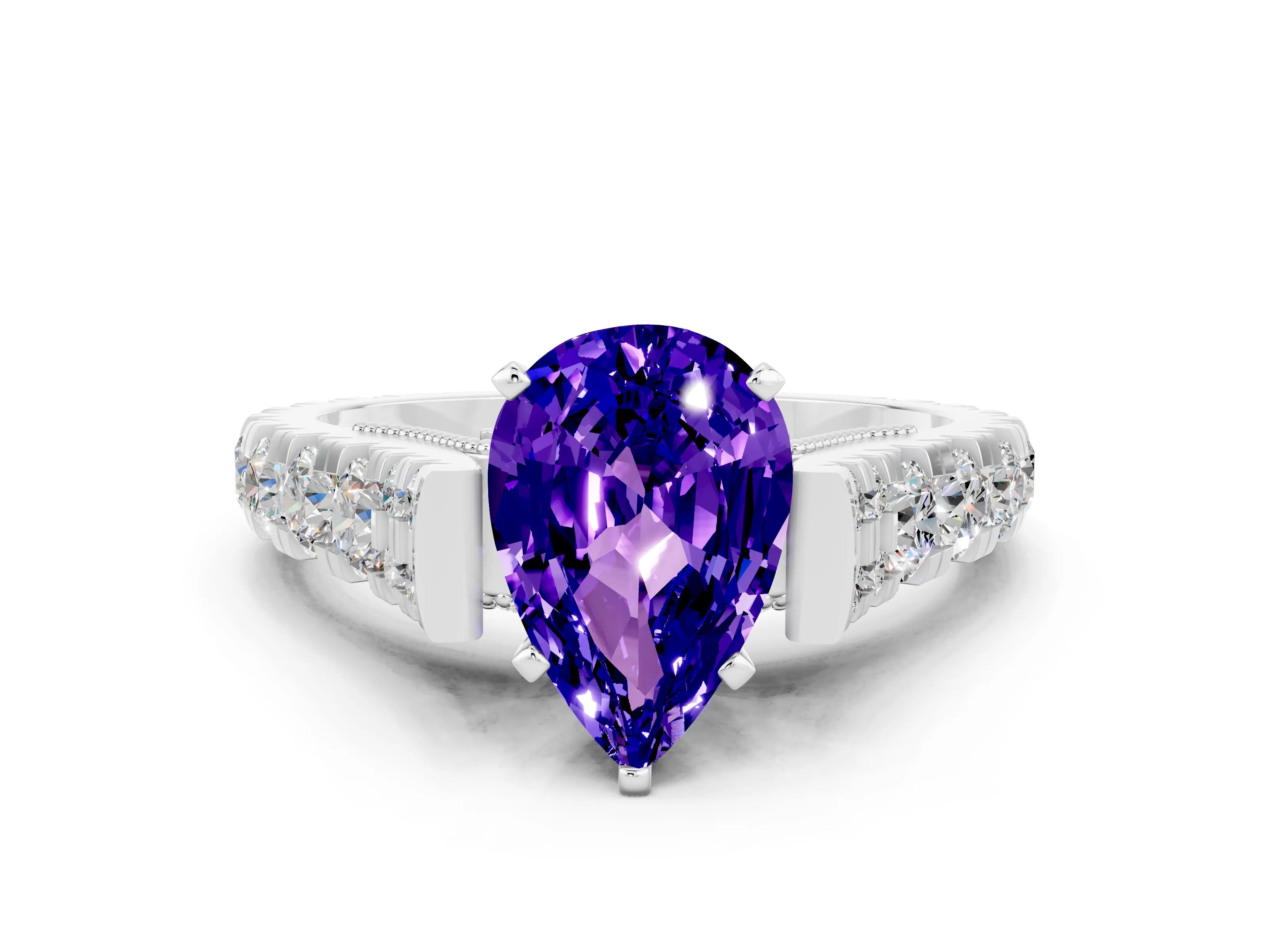 White gold Pear Cut Tanzanite Classic Solitaire Ring with Pavé Band and Four-Prong Setting