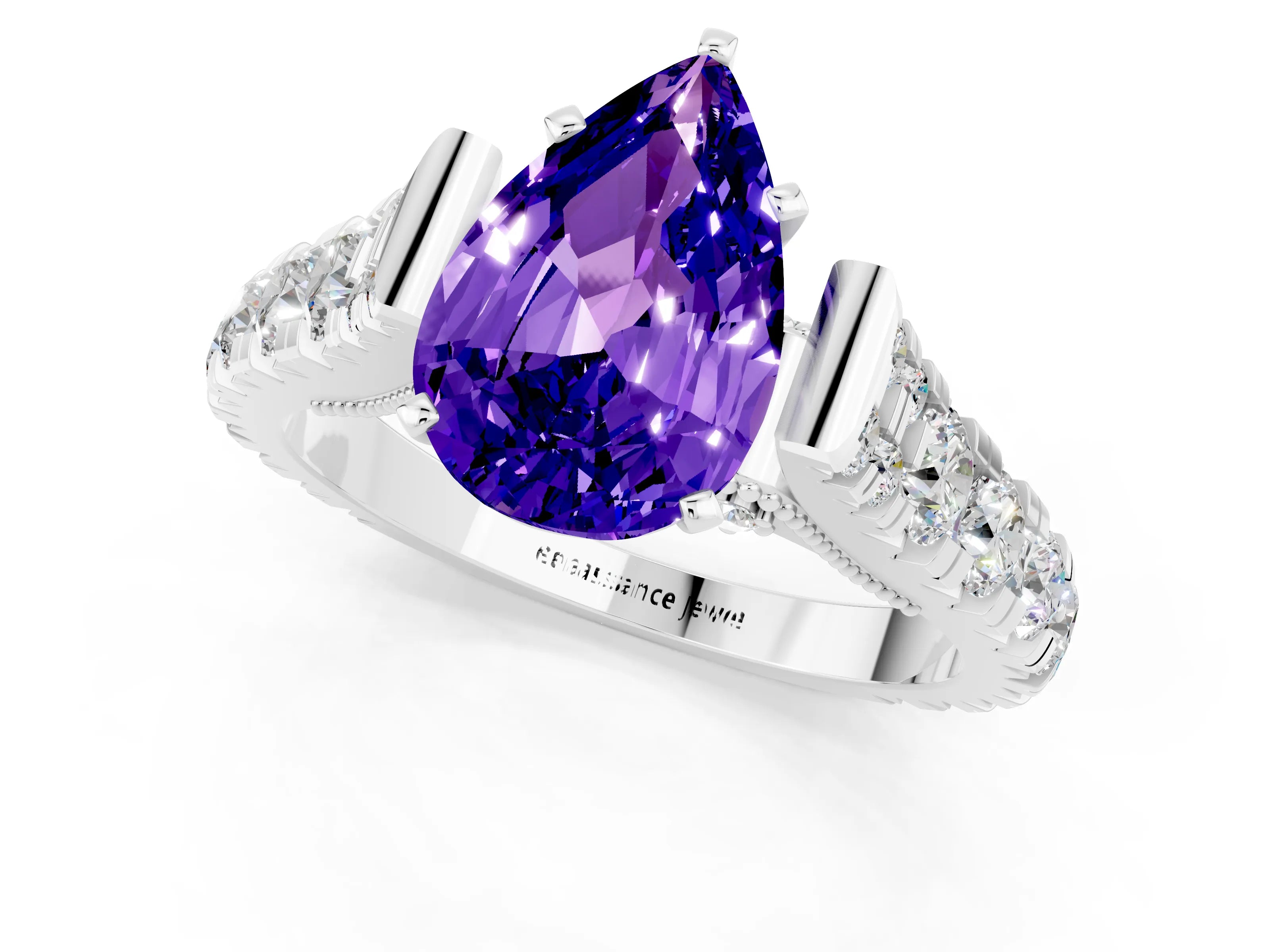 White gold Pear Cut Tanzanite Classic Solitaire Ring with Pavé Band and Four-Prong Setting_1