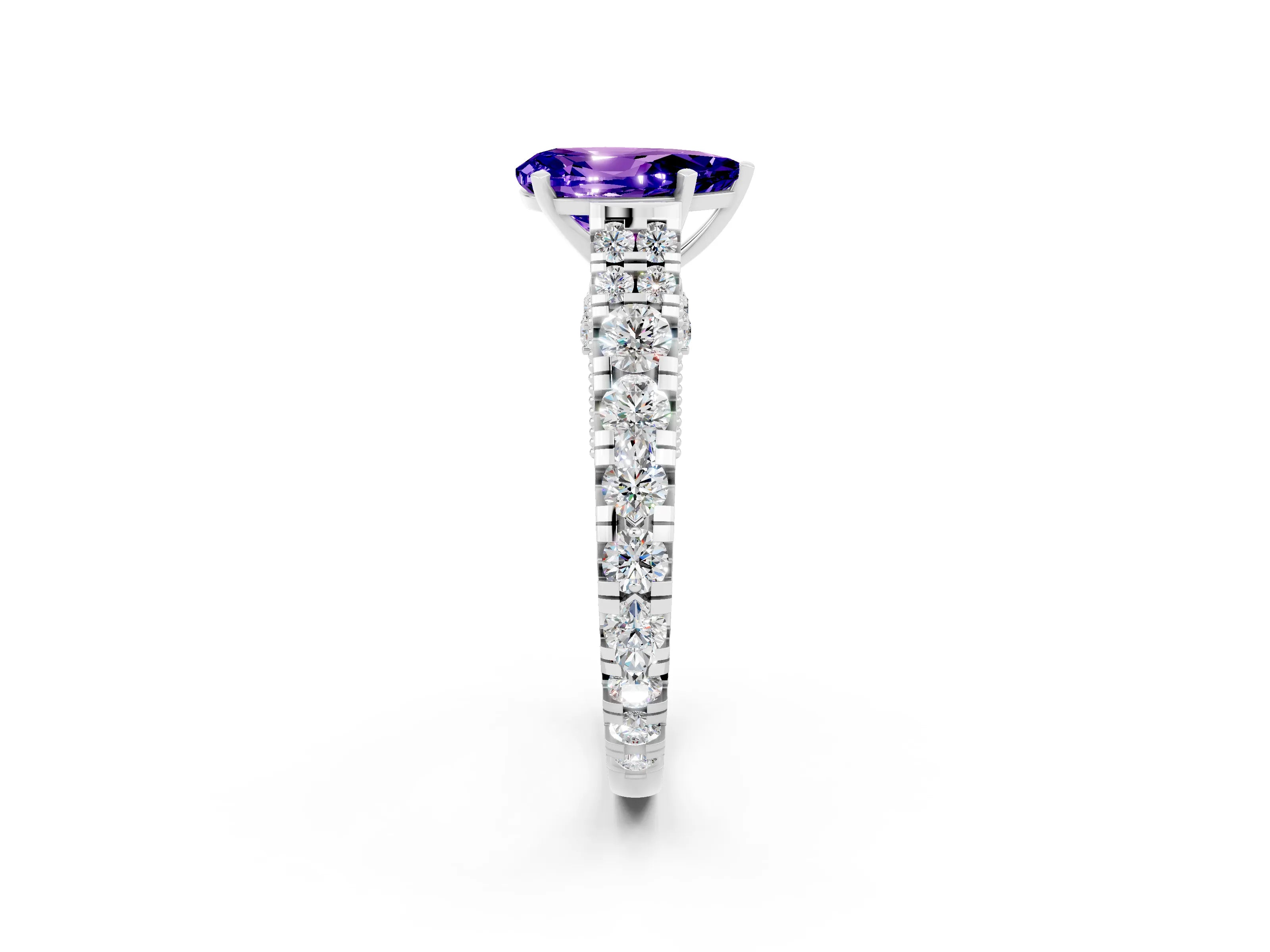 White gold Pear Cut Tanzanite Classic Solitaire Ring with Pavé Band and Four-Prong Setting_2