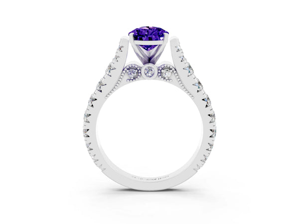 White gold Pear Cut Tanzanite Classic Solitaire Ring with Pavé Band and Four-Prong Setting