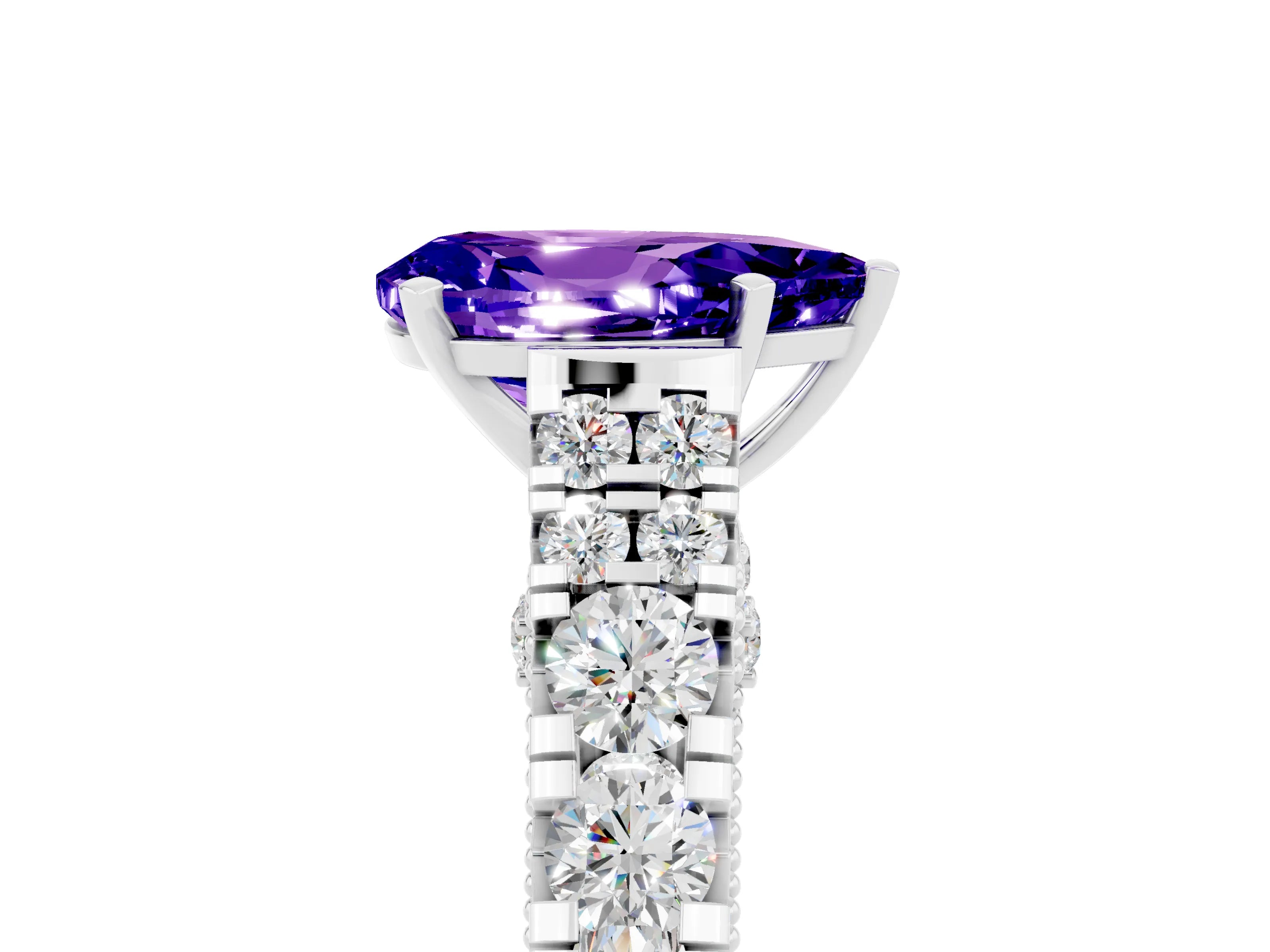 White gold Pear Cut Tanzanite Classic Solitaire Ring with Pavé Band and Four-Prong Setting_5