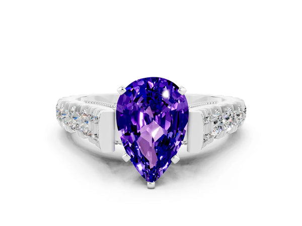 Silver Pear Cut Tanzanite Classic Solitaire Ring with Pavé Band and Four-Prong Setting