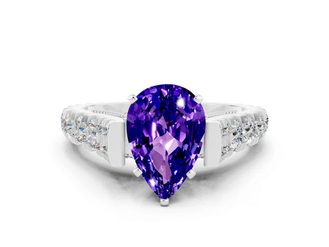 White gold Pear Cut Tanzanite Classic Solitaire Ring with Pavé Band and Four-Prong Setting