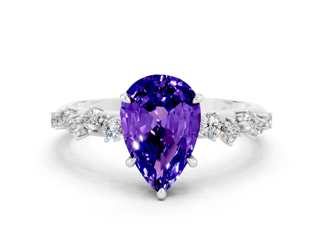 White gold Pear Cut Tanzanite Cluster Side Stone Solitaire Ring with Prong Setting_24