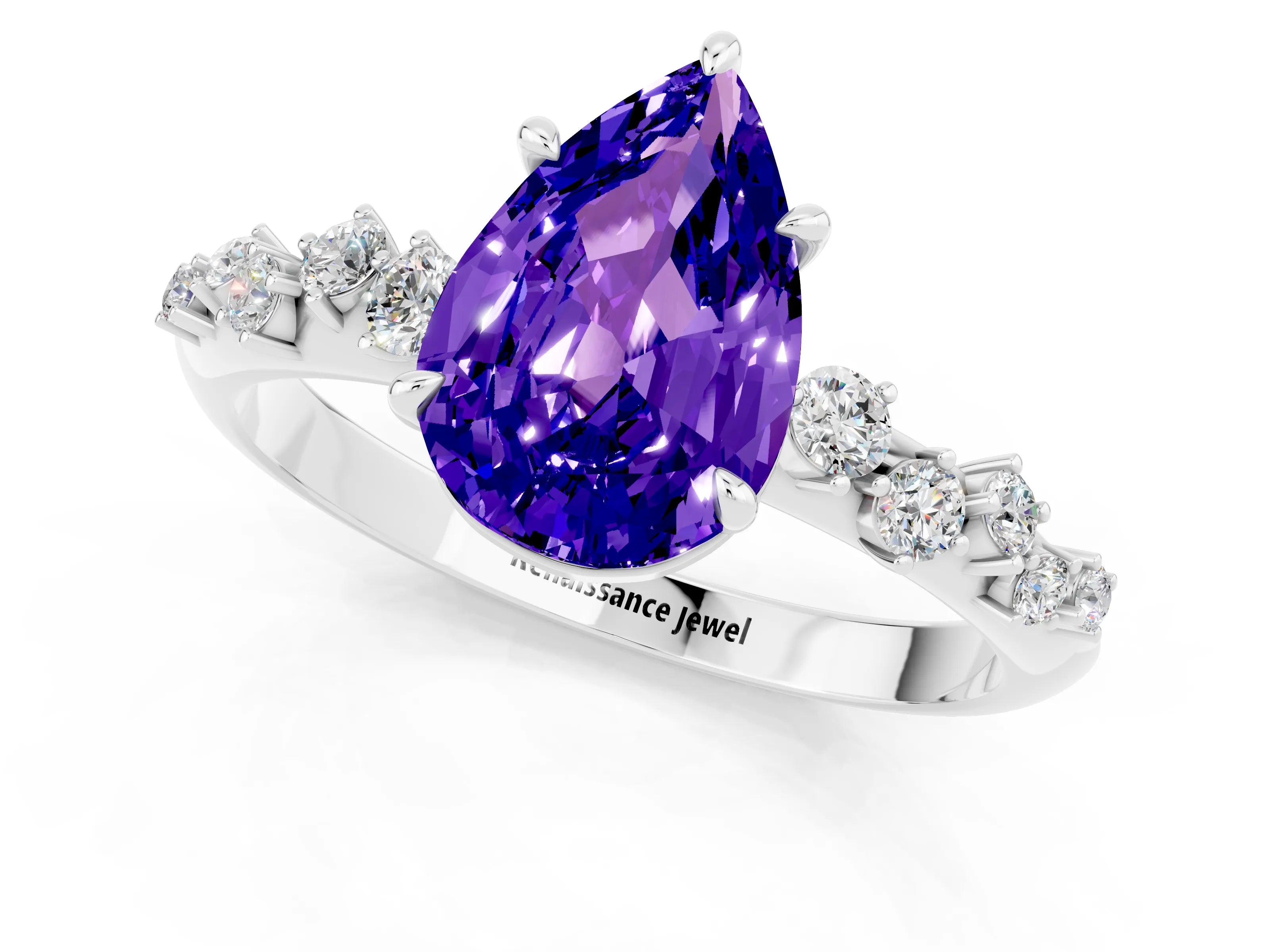 White gold Pear Cut Tanzanite Cluster Side Stone Solitaire Ring with Prong Setting_25