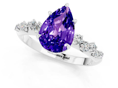 White gold Pear Cut Tanzanite Cluster Side Stone Solitaire Ring with Prong Setting_25