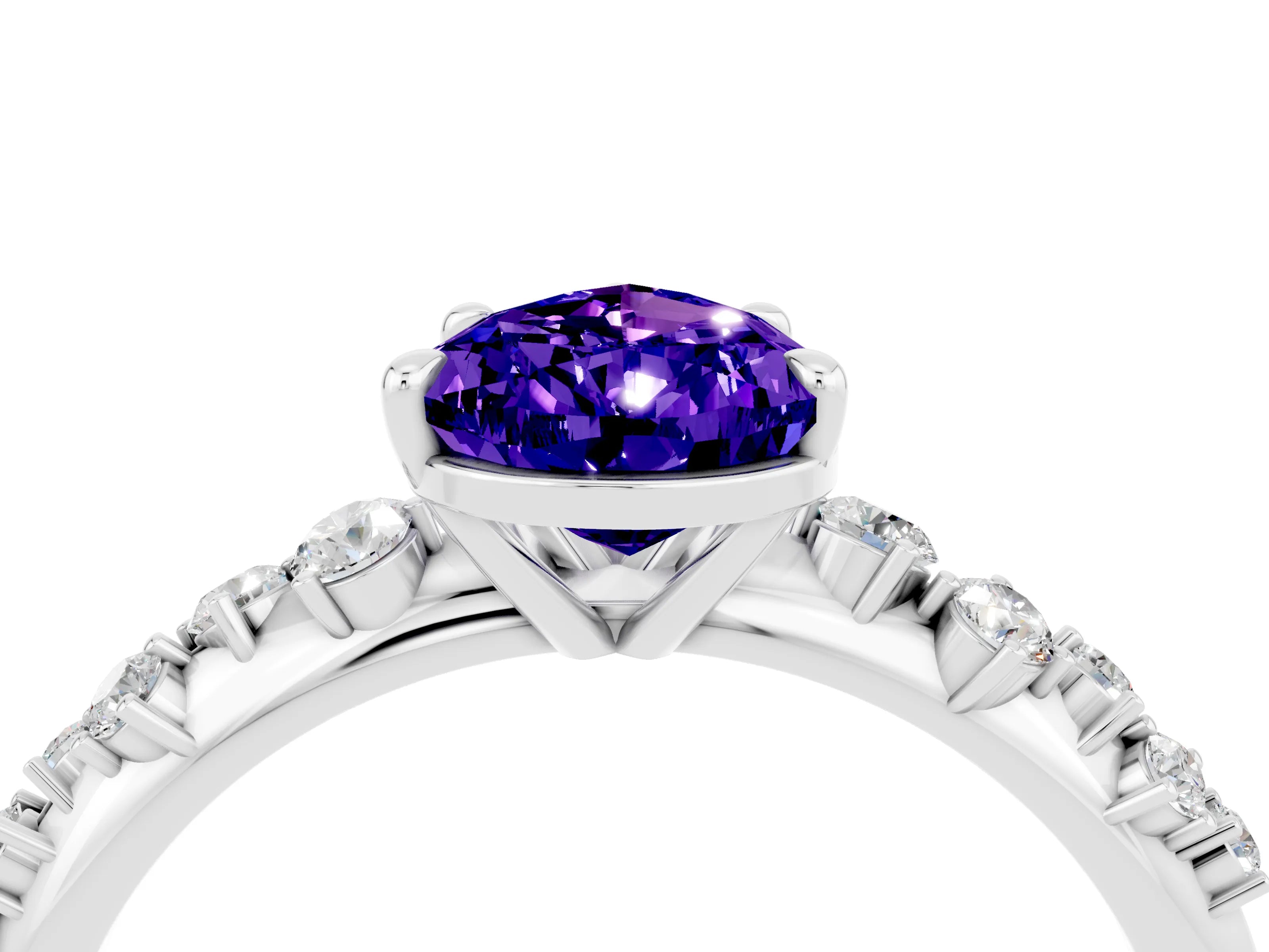 White gold Pear Cut Tanzanite Cluster Side Stone Solitaire Ring with Prong Setting_28