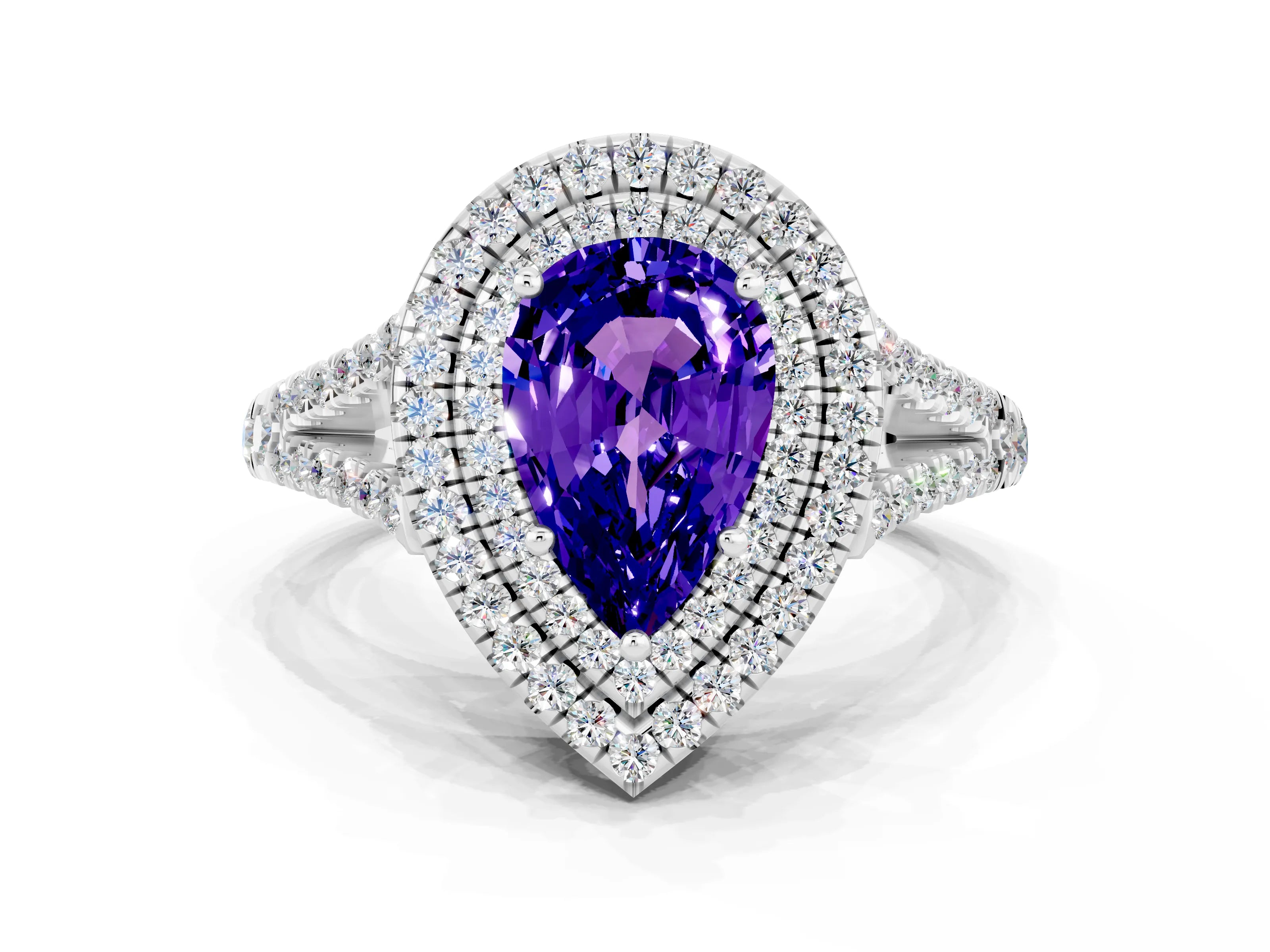 White gold Pear Cut Tanzanite Double Halo Ring with Pavé Band and Prong Setting_12